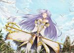  aliasing animal bird breasts cleavage clouds dress feathers grass long_hair purple_hair staff thighhighs white_crow 