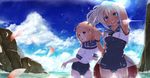  2girls ass blonde_hair blue_eyes clouds elizax9x i-58_(kancolle) jpeg_artifacts kantai_collection petals ponytail red_eyes ro-500_(kancolle) school_swimsuit short_hair sky swim_ring swimsuit tan_lines water 