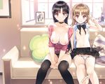  2girls barefoot black_hair breasts brown_hair choker couch cropped cum flat_chest nipples no_bra open_shirt panties panty_pull red_eyes tagme_(character) takuji thighhighs underwear 