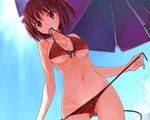 bikini breasts cleavage cropped kakuyuki navel ore_to_imouto_to_kouhai_ga_sankaku_kankei!? ponytail red_eyes red_hair swimsuit tan_lines umbrella underboob undressing wet 