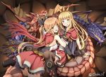  2girls blonde_hair blue_eyes boots bow brown_hair cagliostro_(granblue_fantasy) cape clarisse_(granblue_fantasy) dragon dress gloves granblue_fantasy green_eyes long_hair ponytail shake thighhighs tiara wristwear 