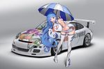  blue_eyes blue_hair boots breasts car cleavage gray long_hair naco_(manacool) original thighhighs umbrella 