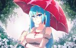  absurdres bangs bare_shoulders blue_eyes blue_hair blush bow breasts bush closed_mouth collarbone commentary_request detached_sleeves flower hair_ornament hatsune_miku highres holding holding_umbrella large_breasts long_hair looking_at_viewer nas_(z666ful) rain red_bow smile solo twintails umbrella upper_body vocaloid 
