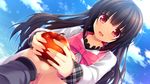  akizora_momiji aotsuki_shinobu apple dekinai_watashi_ga_kurikaesu fruit game_cg izumi_shino long_hair 