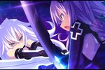  absurdres battle black_heart blue_eyes clash duel highres long_hair multiple_girls neptune_(series) planeptune purple_hair purple_heart sword weapon white_hair 