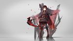  boots cape dress gloves gray pantyhose petals red_flowers ruby_rose rwby scythe short_hair weapon 