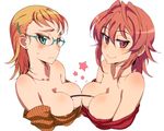  2girls breasts cleavage glasses jpeg_artifacts kusanagi_tonbo orange_hair original pocky red_eyes red_hair white 