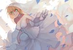  aqua_eyes bianyuanqishi blonde_hair breasts choker cleavage dress elbow_gloves erect_nipples fate/grand_order fate/stay_night headdress jpeg_artifacts no_bra petals saber signed wedding_attire 