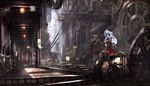  boots eyepatch hat industrial long_hair original red_eyes robot ryosios stairs white_hair 