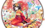  animal animal_ears black_eyes black_hair butterfly catgirl cherry_blossoms fish japanese_clothes katana kimono kuroinu original rabbit sword tail umbrella weapon 