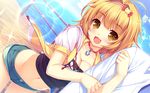  bell blonde_hair blush boku_to_koisuru_ponkotsu_akuma breasts cat_smile cleavage collar fang game_cg headband hoodie navel sayori shibasaki_rin short_hair shorts yellow_eyes 