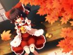  autumn fruit gengetsu_chihiro hakurei_reimu japanese_clothes leaves miko orange_(fruit) touhou 