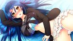  bed blue_hair blush bra game_cg kagami_suzuha long_hair nironiro ren&#039;ai_phase ribbons shirt_lift skirt underwear usume_shirou yellow_eyes 