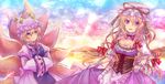  2girls animal_ears blonde_hair bow breasts cleavage dress foxgirl gloves hat long_hair multiple_tails neme short_hair sunset tail touhou yakumo_ran yakumo_yukari 