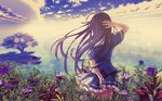  black_hair clouds deep_blue_sky_&amp;_pure_white_wings flowers grass koga_sayoko long_hair misaki_kurehito photoshop seifuku sky tree watermark 