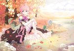  blue_eyes bow butterfly bzerox dress flowers leaves original petals pink_hair pointed_ears ribbons thighhighs tree water 
