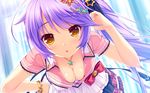  aoi_miyabi boku_to_koisuru_ponkotsu_akuma breasts cleavage game_cg long_hair necklace ponytail purple_hair sayori skirt smile yellow_eyes 