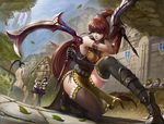  akali brown_eyes brown_hair city garen jarvan_iv_(league_of_legends) kaze_no_gyouja league_of_legends male nude ponytail scenic seifuku thighhighs weapon 