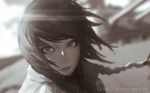  bangs battleship blurry blurry_background braid cannon chromatic_aberration closed_mouth depth_of_field deviantart_username face film_grain floating_hair guweiz highres limited_palette long_hair looking_at_viewer military military_vehicle ship solo warship watercraft world_of_warships 