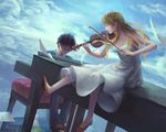  arima_kousei black_hair blonde_hair cropped dress glasses instrument male miyazono_kawori paper piano shigatsu_wa_kimi_no_uso violin w.t 