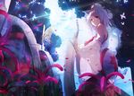  animal_ears butterfly flowers hat inubashiri_momiji jpeg_artifacts omo_(utakatadice) pink_eyes short_hair sword touhou tree weapon white_hair wolfgirl 