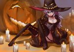  breasts cleavage dress fang green_eyes halloween hat original orokanahime pumpkin purple_hair stockings thighhighs witch 