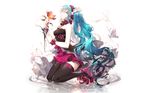  aqua_eyes aqua_hair dress flowers hatsune_miku headphones long_hair phino_(jinko0094) thighhighs twintails vocaloid water white 