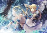  angel31424 blonde_hair blue boots flowers leaves ponytail staff thighhighs tree water yellow_eyes 