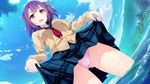  clouds game_cg panties purple_hair seifuku short_hair skirt skirt_lift sky sorairo_innocent tree tsubaki_ami unasaka_ryou underwear water 