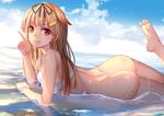  ac_xsk ass barefoot bikini_top blonde_hair clouds kantai_collection long_hair nopan red_eyes water wet yuudachi_(kancolle) 