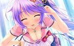  aoi_miyabi blush boku_to_koisuru_ponkotsu_akuma bow breasts cleavage game_cg long_hair necklace ponytail purple_hair sayori wristwear 