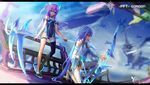  2girls blue_hair bow_(weapon) choker dress hc long_hair pixiv_fantasia purple_hair scythe thighhighs weapon 