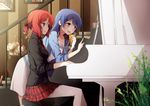  2girls blue_hair book flowers instrument love_live!_school_idol_project nishikino_maki piano ponytail purple_eyes red_hair skirt sonoda_umi stairs whiisky yellow_eyes 