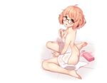  ass barefoot blush breasts brown_eyes brown_hair glasses kuriyama_mirai kyoukai_no_kanata nude see_through short_hair terras towel wet white 