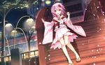  aliasing anthropomorphism braids building cherry_blossoms dress japanese_clothes leaves night original petals pink_eyes pink_hair scenic sergestid_shrimp short_hair stairs tagme_(artist) tree xuan_ying 