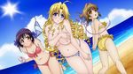  barefoot beach bikini black_hair blonde_hair blue_eyes blush breast_hold breasts brown_eyes brown_hair cernia_iori_flameheart cleavage clouds ladies_versus_butlers! long_hair navel ousawa_mimina ribbons saikyou_tomomi short_hair swimsuit takami_akio topless water 