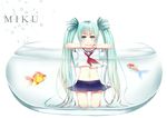  animal aqua_eyes aqua_hair bottle_miku fish hatsune_miku long_hair rhode seifuku signed skirt twintails vocaloid water 