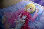  2girls anthropomorphism apple_bloom apple_jack bed blonde_hair bow green_eyes long_hair my_little_pony my_little_pony:_friendship_is_magic pajamas red_hair sleeping srtagiuu 