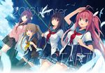  animal ao_no_kanata_no_four_rhythm arisaka_mashiro bird clouds feathers ichinose_rika kurashina_asuka long_hair seifuku skirt sprite suzumori thighhighs tobisawa_misaki 