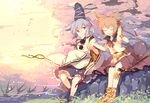  2girls cherry_blossoms earmuffs hat mononobe_no_futo petals ponytail skirt sword touhou toyosatomimi_no_miko tree weapon yetworldview_kaze 