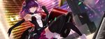  drums elbow_gloves headband instrument microphone purple_hair swd3e2 tattoo thighhighs yellow_eyes 