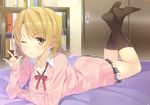  bed blonde_hair book brown_eyes isshiki_iroha kneehighs scan seifuku skirt wink yahari_ore_no_seishun_love_come_wa_machigatteiru. yuuki_hagure 