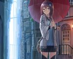  brown_hair building city cropped glasses hoodie izumi_sai original rain skirt thighhighs umbrella water yellow_eyes 