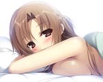  bed blush brown_eyes brown_hair karory long_hair nude scan sword_art_online yuuki_asuna 
