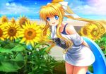  air beach blonde_hair blue_eyes bow clouds flowers grass kamio_misuzu long_hair moonknives ponytail sunflower swim_ring swimsuit water 