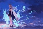  72_(nananatsu) animal_ears blue cape clouds ferri_(granblue_fantasy) foxgirl gloves granblue_fantasy grass gray_hair long_hair magic sideboob sky stars sunset 