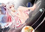  barefoot bell breasts cleavage dress juna long_hair necklace original pink_eyes planet ribbons white_hair 