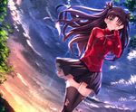  aqua_eyes brown_hair clouds cropped crying fate/stay_night long_hair see_through skirt sky sunset swordsouls tears thighhighs tohsaka_rin torn_clothes zettai_ryouiki 