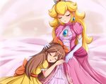  2girls blonde_hair brown_hair christine_(henry) cropped crown dress elbow_gloves long_hair nintendo original princess_peach sigurdhosenfeld sleeping super_mario 