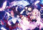  2girls blue_eyes breasts cleavage dress garter red_eyes riichu scan stockings thighhighs twintails wings 